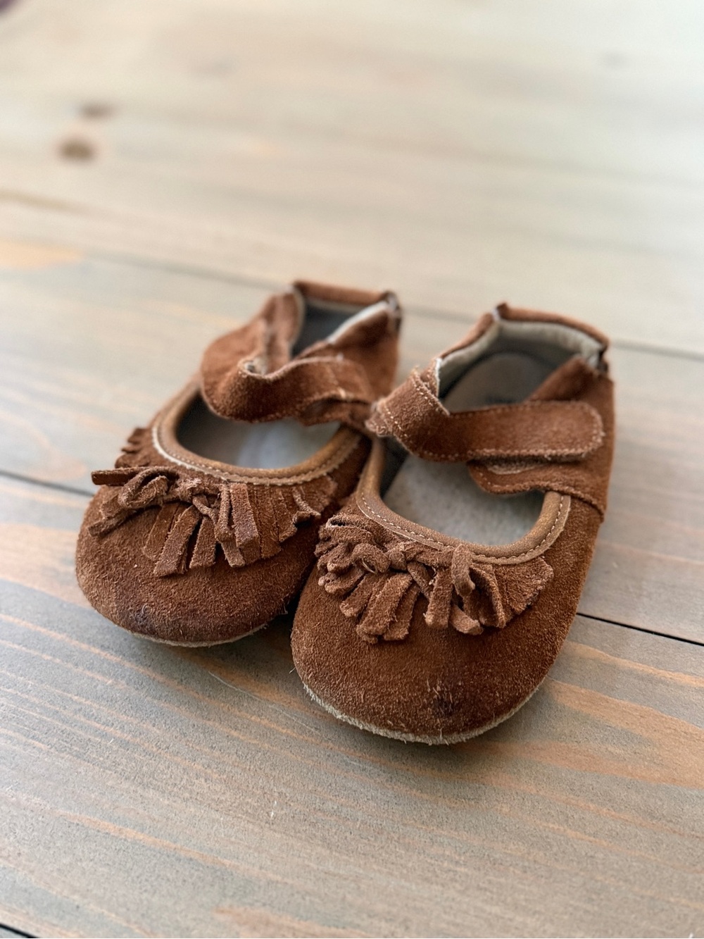 Livie & Luca Brown Suede Fringe Mary Jane Baby Shoes - 18-24 Months